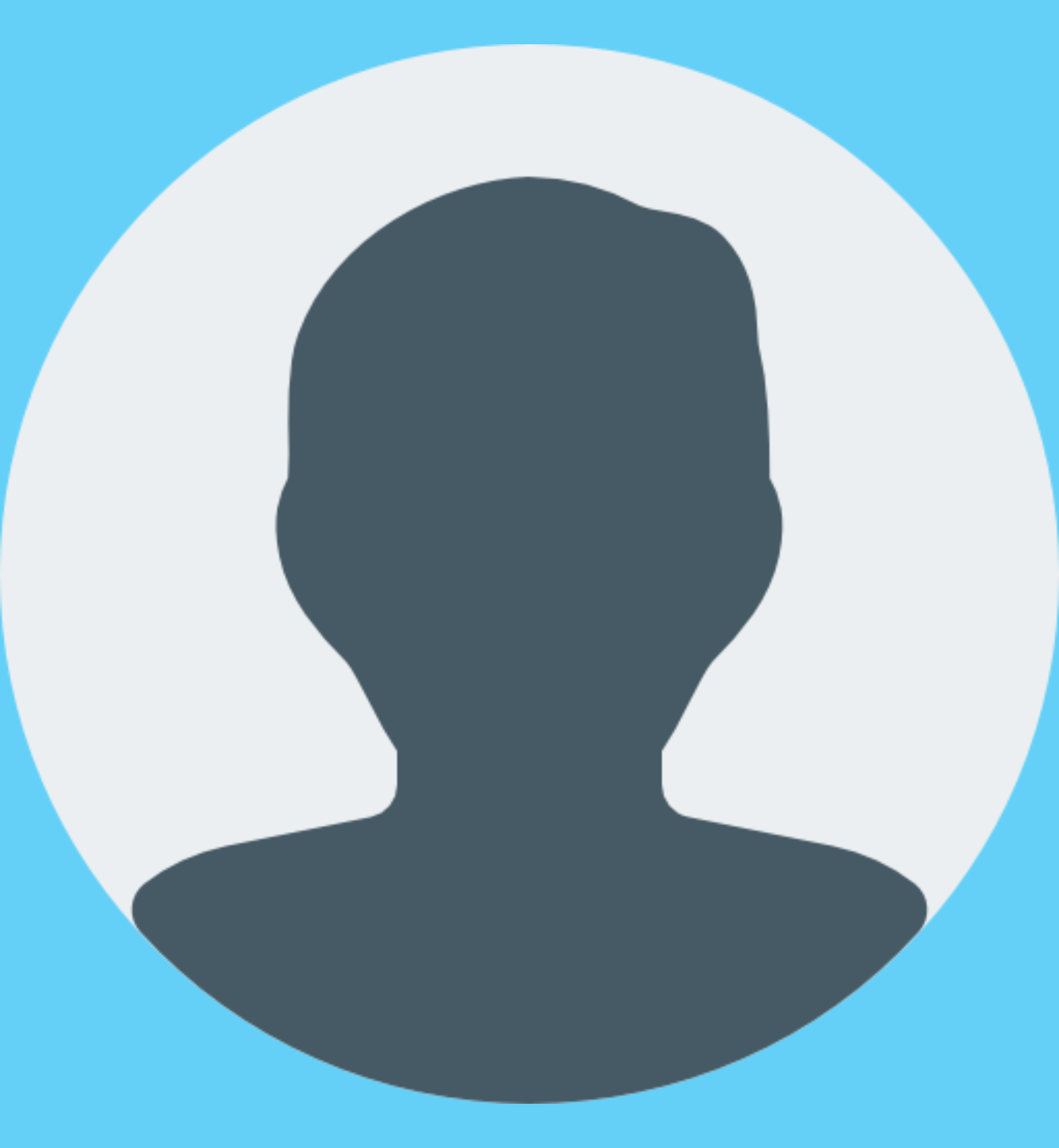 Abstract avatar silhouette: dark blue bust inside a pale gray circle against a bright blue background.